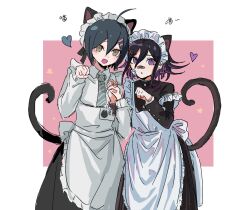 2boys ahoge alternate_costume animal_ears apron bandaid bandaid_on_face bandaid_on_nose beluckylucky black_dress black_hair black_jacket blush brown_eyes buttons cat_boy cat_ears cat_tail crossdressing danganronpa_(series) danganronpa_v3:_killing_harmony dress enmaided eyelashes flipped_hair frilled_apron frills hair_between_eyes hair_ornament heart highres holding_hands jacket long_sleeves looking_at_viewer maid maid_apron maid_headdress male_focus medium_hair multiple_boys oma_kokichi open_mouth paw_pose pink_background purple_eyes purple_hair saihara_shuichi short_hair shy simple_background skirt smile standing star_(symbol) strap_slip tail trap white_apron white_background white_headdress x_hair_ornament yaoi