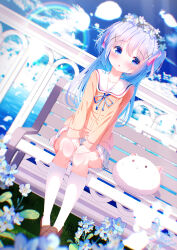 1girl :o angora_rabbit animal blue_eyes blue_flower blue_hair blue_ribbon blue_sky blush brown_footwear brown_shirt chinomaron cloud commentary_request day dutch_angle flower gochuumon_wa_usagi_desu_ka? hair_ornament highres horizon kafuu_chino kneehighs lens_flare loafers long_hair long_sleeves neck_ribbon ocean on_bench outdoors parted_lips pleated_skirt puffy_long_sleeves puffy_sleeves rabbit ribbon sailor_collar school_uniform serafuku shirt shoes sitting skirt sky sleeves_past_wrists socks tippy_(gochiusa) water white_sailor_collar white_skirt white_socks x_hair_ornament