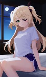 1girl absurdres alternate_costume arm_support bare_legs bed_sheet black_ribbon blonde_hair blue_buruma breasts buruma colored_eyepatch commentary crat2222 english_commentary eyepatch fischl_(genshin_impact) full_moon genshin_impact green_eyes hair_ribbon highres indoors light_blush light_frown long_hair looking_at_viewer medium_breasts moon moonlight night night_sky on_bed ribbon shirt sitting sky solo star_(sky) starry_sky t-shirt two_side_up white_shirt