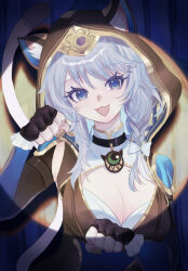 1girl absurdres animal_ears animal_hood black_gloves blue_eyes breasts brown_hood cat_ears cat_girl cat_hood cat_tail cipher_(honkai:_star_rail) cleavage commentary_request fingerless_gloves gloves grey_hair highres honkai:_star_rail honkai_(series) hood large_breasts mole mole_on_breast oekakidekinai1 paw_pose short_hair_with_long_locks solo spotlight tail upper_body