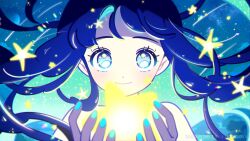 1girl aqua_nails blue_background blue_eyes blue_hair blue_theme check_copyright chueog closed_mouth colored_inner_hair commentary copyright_request dot_nose english_commentary eyelashes floating_hair happy highres holding holding_star light_blush light_particles long_hair multicolored_hair nail_polish original smile solo sparkling_eyes star_(symbol) tareme two-tone_hair upper_body very_long_hair watermark