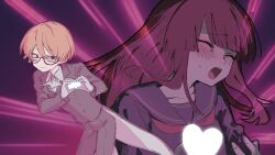 1boy 1girl aged_up arthropod_girl ascot blush brown_hair bucchigiri?! closed_eyes coat coattails commentary_request glasses heart heart_hands hetero highres insect_girl komiroku long_hair love_je_t&#039;aime orange_hair purple_background randal&#039;s_friends randal_ivory school_uniform serafuku short_hair spider_girl