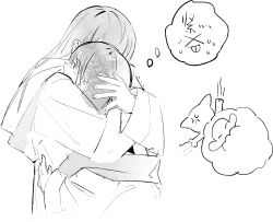 2girls aoki_hina bang_dream! bang_dream!_it&#039;s_mygo!!!!! cat chinese_commentary commentary_request greyscale highres hug jhon_trick kaname_raana long_hair long_sleeves monochrome multiple_girls protected_link sheep sweatdrop takamatsu_tomori voice_actor youmiya_hina yuri