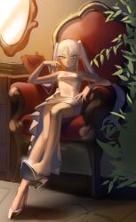 1girl alternate_costume armchair asymmetrical_dress bare_arms bare_legs bare_shoulders breasts bright_pupils chair cleavage closed_mouth commentary dress elf expressionless fingernails fireplace frieren full_body green_eyes hair_between_eyes hair_flowing_over high_heels highres indoors knees leg_up light_frown lips living_room long_dress long_hair mirror on_chair plant pointy_ears potted_plant shadow shoes sitting solo sousou_no_frieren strapless strapless_dress tile_floor tiles twintails very_long_hair white_dress white_hair white_pupils white_shoes wikate