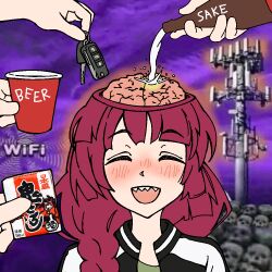 1girl 4others alcohol alcohol_carton beer black_jacket blush bocchi_the_rock! braid brain cellphone_tower_radiation_effects_(meme) cellular_tower closed_eyes cup disposable_cup hair_over_shoulder hiroi_kikuri holding holding_key jacket key long_hair meme multicolored_jacket multiple_others open_mouth pouring purple_background red_hair sake sharp_teeth single_braid smile solo_focus stirfriedspam teeth two-tone_jacket white_jacket