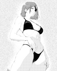 1girl bare_shoulders bikini black_bikini bob_cut breasts cleavage cowboy_shot dotted_background eyepatch from_below groin highres jujutsu_kaisen kugisaki_nobara looking_at_another medium_breasts miregeist monochrome narrow_waist short_hair simple_background solo stomach swimsuit upper_body