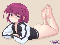 1girl ass barefoot black_jacket blunt_ends blush bocchi_the_rock! bottomless brown_background commentary english_commentary eyelashes feet feet_up full_body highres hiroi_kikuri jacket legs long_hair looking_at_viewer lying multicolored_jacket naughty_face on_stomach purple_eyes purple_hair seductive_gaze seductive_smile shadow sharp_teeth signature simple_background smile soles solo teeth the_pose toes treepxiv two-tone_jacket white_jacket