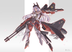 1girl aircraft airplane an-chang armor bodysuit breasts cleavage clothing_cutout covered_navel fighter_jet full_body gloves grey_hair gun hand_on_own_hip hat helicopter high_heels highres holding holding_weapon large_breasts long_hair looking_at_viewer machine_gun mecha_musume mechanical_wings military military_vehicle missile missile_pod original personification purple_eyes roundel solo thrusters very_long_hair weapon wings