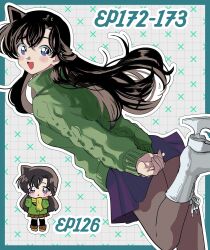 1girl absurdres asako_(itiba) blush border brown_hair commentary_request dutch_angle green_border green_sweater heart highres ice_skates long_hair looking_back meitantei_conan mouri_ran open_mouth pantyhose purple_eyes purple_skirt scarf skates skirt smile solo sweater turtleneck turtleneck_sweater