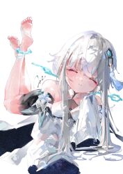 Rule 34 | 1girl, bare shoulders, barefoot, blush, breasts, closed eyes, detached sleeves, dress, feet, genshin impact, grey hair, guizhong (genshin impact), hair ornament, hair stick, highres, long hair, long sidelocks, lying, on stomach, sidelocks, simple background, sleeves past fingers, sleeves past wrists, small breasts, smile, solo, starry sky print, translation request, white background, white dress, wide sleeves, zire