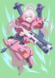 Rule 34 | 1girl, ahoge, armor, bazooka (gundam), beretta 1301, black skirt, blue archive, blue eyes, blush, commentary request, cosplay, fang, floating hair, flying, green background, gun, gundam, gundam 0080, hair between eyes, halo, heterochromia, hibun tsukasa, highres, holding, holding gun, holding weapon, hoshino (blue archive), kampfer (mobile suit), kampfer (mobile suit) (cosplay), long hair, long sleeves, looking at viewer, mecha musume, open mouth, pink hair, pink halo, plaid clothes, plaid skirt, pleated skirt, shirt, shotgun, shoulder spikes, skirt, smile, solo, spikes, sturm faust, trigger discipline, very long hair, weapon, white shirt, yellow eyes