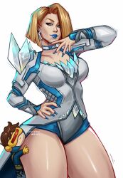 1girl absurdres blonde_hair blue_eyes blue_lips blue_nails breasts choker cleavage cyclops_(x-men) earrings emma_frost gloves highres hug jewelry kenapplepi large_breasts leotard lipstick looking_at_viewer makeup marvel marvel_rivals short_hair smile thick_thighs thighs x-men