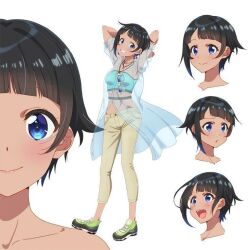 1girl armpits arms_up bad_id bandeau black_hair blue-tinted_eyewear blue_bandeau blue_coat blue_eyes blunt_bangs blush breasts brown_choker brown_shorts choker coat dark-skinned_female dark_skin earrings eyewear_hang full_body gradient-tinted_eyewear green_shoes grin hair_intakes hirayama_kanna jewelry looking_at_viewer lowleg lowleg_pants medium_breasts navel necklace o-ring o-ring_choker official_art pants partially_unbuttoned see-through_clothes see-through_coat selection_project shoes short_hair shorts simple_background smile sneakers solo stomach tachi-e tinted_eyewear transparent_background unworn_eyewear white-framed_eyewear yodogawa_ao