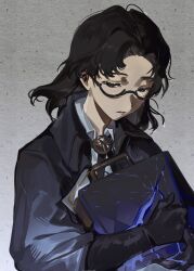 1girl black_coat black_gloves black_hair closed_eyes coat collared_dress cross_tie dress glasses gloves grey_background head_down highres holding holding_suitcase hugging_object komeokun parted_lips reverse:1999 semi-rimless_eyewear short_hair solo suitcase under-rim_eyewear upper_body white_dress z_(reverse:1999)