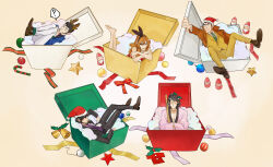 1girl 4boys ? absurdres arsene_lupin_iii bell black_hair black_hairband black_jacket black_pants blue_jacket box brown_coat brown_hair brown_jacket brown_pants candy candy_cane christmas christmas_ornaments coat food gift gift_box green_necktie hair_over_eyes hairband halorane hat highres in_box in_container ishikawa_goemon_xiii jacket japanese_clothes jigen_daisuke long_sideburns long_sleeves lupin_iii mine_fujiko multiple_boys necktie pants santa_hat sideburns simple_background sitting spoken_question_mark zenigata_kouichi