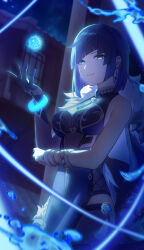1girl absurdres asymmetrical_gloves bare_shoulders black_gloves black_hair black_pants blue_dress blue_hair blush bob_cut bracelet breasts cleavage cleavage_cutout clothing_cutout diagonal_bangs dice dress earrings elbow_gloves fingerless_gloves fur-trimmed_jacket fur_trim genshin_impact gloves green_eyes highres jacket jacket_on_shoulders jewelry large_breasts looking_at_viewer mismatched_gloves mole mole_on_breast multicolored_hair neck_ring night pants pelvic_curtain short_hair solo tassel thighs thread tight_clothes tight_pants two-tone_hair uranoma vision_(genshin_impact) water white_gloves white_jacket yelan_(genshin_impact)