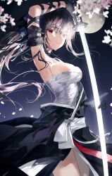 Rule 34 | 1girl, absurdres, arm up, armpits, au ra, bare shoulders, black gloves, black hair, black horns, black kimono, black scales, breasts, cherry blossoms, chest sarashi, cleavage, closed mouth, dragon girl, dragon horns, final fantasy, final fantasy xiv, full moon, gloves, highres, holding, holding sword, holding weapon, horns, japanese clothes, katana, kimono, large breasts, long hair, looking at viewer, moon, night, night sky, red eyes, sarashi, shikina (mochigushi ), signature, sky, solo, sword, thighs, warrior of light (ff14), weapon