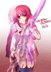 1girl :d blood blood_on_clothes blood_on_face chaos;child female_focus highres hood hoodie medium_hair nishijou_myu onoe_serika open_mouth red_eyes red_hair short_hair smile solo sword thighhighs weapon