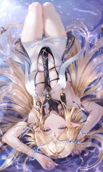 1girl absurdres age_fx arms_up bare_shoulders black_collar black_dress blonde_hair blue_eyes breasts cartethyia_(wuthering_waves) chinese_commentary collar commentary_request crown_of_thorns dress earrings from_above hair_spread_out highres jewelry knees_up long_hair looking_at_viewer lying medium_breasts necklace on_back parted_bangs parted_lips pointy_ears sidelocks solo tabard tacet_mark_(wuthering_waves) thighs very_long_hair white_tabard wuthering_waves