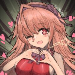 1girl ahoge black_background black_bow black_bowtie black_headband black_ribbon black_souls black_souls_2 blush bow bowtie breasts green_background headband heart heart_hands large_breasts long_hair looking_at_viewer looking_to_the_side medium_breasts one_eye_closed open_mouth pink_eyes pink_hair prickett_(black_souls) red_shirt ribbon shirt sideboob signature sleeveless solo star-shaped_pupils star_(symbol) symbol-shaped_pupils xun_lin_(pixiv_93392103)
