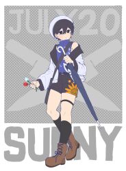 1boy alternate_costume black_eyes black_hair black_shorts black_socks boots bright_pupils brown_boots character_name closed_mouth closed_umbrella expressionless flat_color flower full_body highres holding holding_flower holding_umbrella jacket kneehighs male_focus omori psychokokuon short_hair shorts socks solo sunny_(omori) umbrella unfinished white_jacket white_pupils
