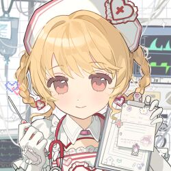 1girl belt belt_collar blonde_hair braid braided_hair_rings brown_eyes cable cardiogram chinese_commentary closed_mouth collar collared_dress commentary_request cross cross_print dot_nose dress earrings eyelashes frilled_dress frilled_gloves frilled_sleeves frills gloves hair_rings happy hat hat_ornament heart heart_earrings heart_hat_ornament heart_print highres holding holding_notepad holding_syringe hospital indoors infinity_nikki intravenous_drip jewelry light_blush looking_at_viewer machinery nikki_(series) notepad nurse nurse_cap paper pink_belt puffy_short_sleeves puffy_sleeves red_cross ringlets short_hair short_sleeves smile solo sparkle stethoscope stethoscope_around_neck suannai_pidong sweet_diagnosis_(infinity_nikki) syringe tareme tile_wall tiles upper_body white_dress white_gloves white_hat