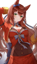 1girl animal_ears arm_behind_head arm_up back_bow black_choker blue_bow blush bow breasts choker closed_mouth commentary_request cow cowboy_shot ear_bow green_eyes hair_between_eyes horse_ears horse_girl horse_tail jacket jewelry large_breasts long_hair long_sleeves looking_at_viewer maruzensky_(umamusume) necklace open_clothes open_jacket pleated_skirt red_hair red_jacket red_shirt red_skirt shirt skirt solo tail umamusume very_long_hair white_background yoimoriyoru