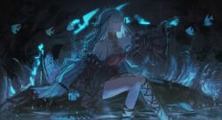 Rule 34 | 1girl, absurdres, angelfish, arknights, ascot, blue theme, breasts, collared dress, commentary, dress, english commentary, feet out of frame, fish, fish hair ornament, hair ornament, hand up, high collar, highres, knees together feet apart, kotowaza, leg ribbon, limited palette, long hair, long sidelocks, looking to the side, low-tied long hair, medium breasts, monochrome, no headwear, off-shoulder dress, off shoulder, official alternate costume, parted lips, red eyes, red sleeves, ribbon, sidelocks, sitting, skadi (arknights), skadi the corrupting heart (arknights), solo, spot color, thighs, wide sleeves
