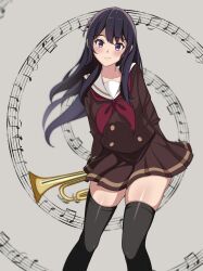 Rule 34 | 1girl, absurdres, black hair, black thighhighs, breasts, hibike! euphonium, highres, instrument, kitauji high school uniform, kousaka reina, long hair, looking at viewer, medium breasts, musical note, musical note background, neckerchief, purple eyes, red neckerchief, sailor collar, school uniform, simple background, solo, thighhighs, trumpet, very long hair, yk0614animation, zettai ryouiki