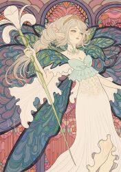 1other androgynous art_nouveau blonde_hair blue_eyes blue_wings blush braid cowboy_shot crown dress expressionless fairy fairy_wings final_fantasy final_fantasy_xiv floating_hair flower hagushka hair_flower hair_ornament high-low_dress holding holding_staff jewelry long_dress long_hair long_sleeves looking_to_the_side necklace parted_lips pink_flower pointy_ears purple_wings sidelocks single_braid staff titania_(final_fantasy) white_dress wings