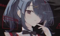 1girl ame-chan_(needy_girl_overdose) black_background black_eyes black_hair black_nails black_ribbon cigarette hair_ornament hair_over_one_eye holding holding_cigarette komogu_(pixiv_59363256) long_hair multicolored_nails nail_polish neck_ribbon needy_girl_overdose parted_lips red_nails red_shirt ribbon shirt simple_background smoke solo twintails x_hair_ornament