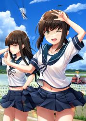 1boy 4girls ;d admiral_(kancolle) aircraft airplane black_hair blue_neckerchief blue_sailor_collar blue_skirt blue_sky blunt_bangs blush breasts brown_eyes clothes_lift cloud collarbone commentary_request cowboy_shot day fubuki_(kancolle) green_eyes groin gun gym_uniform hand_under_clothes hand_under_skirt hatsuyuki_(kancolle) highres highway holding holding_gun holding_weapon ichikawa_feesu implied_sex kantai_collection long_hair looking_ahead looking_at_viewer looking_to_the_side low_ponytail machine_gun midriff midriff_peek molestation multiple_girls murakumo_(kancolle) navel neckerchief one_eye_closed open_mouth outdoors parachute paratrooper plant pleated_skirt ponytail ribbon rice_paddy rice_planting rice_transplanter rifle road sailor_collar school_uniform serafuku shading_eyes shirayuki_(kancolle) shirt short_ponytail short_sleeves sidelocks skirt skirt_lift sky small_breasts smile t-head_admiral textless_version translation_request weapon white_shirt wind wind_lift