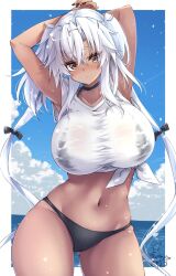 Rule 34 | 1girl, arms behind head, bikini, bikini under clothes, black bikini, black bow, black nails, bow, breasts, brown eyes, cloud, dark-skinned female, dark skin, eyewear on head, glasses, hair bow, highres, kantai collection, large breasts, long hair, mashiro yukiya, musashi (kancolle), navel, ocean, shirt, sky, solo, stomach, swimsuit, wet, wet clothes, wet shirt, white shirt