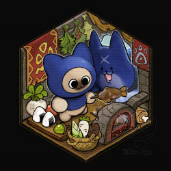 :3 bamboo_shoot black_eyes blue_hood boned_meat closed_mouth cooking felyne fish_(food) flaw_eight food grilled_fish holding holding_skewer meat monster_hunter_(series) onigiri oven skewer smile tapestry turnip