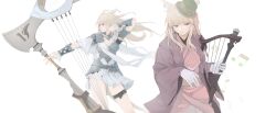 1girl \||/ absurdres animal_ear_piercing animal_ears armor blonde_hair bow bow_(weapon) brh cat_ears cat_girl cat_tail final_fantasy final_fantasy_xiv floating_hair gloves green_hat harp hat highres holding holding_bow_(weapon) holding_harp holding_weapon instrument japanese_clothes kimono long_hair mini_hat mini_top_hat miqo&#039;te multiple_views music musical_note pink_kimono playing_instrument red_eyes simple_background tail thigh_strap top_hat warrior_of_light_(ff14) weapon white_background white_gloves
