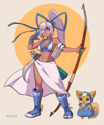 1girl absurdres arrow_(projectile) bikini blue_eyes blue_gloves bow_(weapon) breasts cleavage closed_mouth commentary dark-skinned_female dark_skin english_commentary eyepatch full_body gloves guolfo highleg highleg_bikini highres holding holding_bow_(weapon) holding_weapon long_hair majikina_mina medium_breasts navel partially_fingerless_gloves ponytail samurai_spirits single_glove solo stomach swimsuit very_long_hair weapon white_bikini white_hair yumi_(bow)
