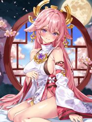 1girl absurdres animal_ears bare_shoulders blush breasts cherry_blossoms closed_mouth commentary_request detached_sleeves earrings falling_petals feet_out_of_frame flower fox_ears fox_girl full_moon genshin_impact highres iwato_(celler) jewelry large_breasts long_hair looking_at_viewer moon petals pink_flower pink_hair pink_petals purple_eyes sideboob sitting sleeveless smile solo white_sleeves yae_miko