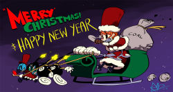 1girl adapted_costume alex_ahad avery_(skullgirls) capelet christmas cigar coal eye_socket flying george_the_bomb gloves glowing grin happy_new_year hat lab_zero_games mechanical_arms merry_christmas new_year official_art orange_hair peacock_(skullgirls) red_eyes red_nose sack santa_costume sharp_teeth short_hair skullgirls sled smile smoking teeth top_hat white_gloves