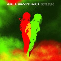 2girls absurdres album_cover_redraw burns_tiger5 derivative_work duran_duran full_body future_past_(duran_duran) girls&#039;_frontline girls&#039;_frontline_2:_exilium gun h&amp;k_ump hair_ribbon highres leva_(girls&#039;_frontline_2) long_hair multiple_girls one_side_up ribbon silhouette submachine_gun ump40_(girls&#039;_frontline) ump45_(girls&#039;_frontline) weapon