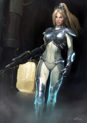 assault_rifle blonde_hair blue_eyes bodysuit boobplate breastplate darren_tan goggles goggles_on_head gun high_ponytail highres holding holding_gun holding_weapon looking_at_viewer nova_(starcraft) ponytail realistic rifle solo starcraft weapon