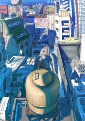 1girl apron black_dress black_shoes blue_sky building city commentary day dress fishnet_socks fishnets flying head_out_of_frame highres koze_niire legs_together makaino_ririmu makaino_ririmu_(5th_costume) midair morning nijisanji out_of_frame outdoors rooftop scenery shadow shoes sky socks solo symbol-only_commentary urban virtual_youtuber waist_apron water_tower white_apron wide_shot