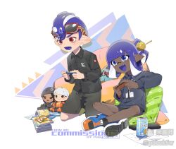 1boy 1girl :d artist_name black_shirt black_shorts blue_jacket blue_shoes can collared_shirt colored_tongue commission controller dark-skinned_female dark_skin dress_shirt drink_can eyewear_on_head fang full_body game_controller hair_rings holding holding_controller holding_game_controller inkling inkling_girl inkling_player_character jacket jewelry joy-con kneeling long_sleeves medium_hair mihuashi_logo necklace nintendo octoling octoling_boy octoling_player_character on_pillow open_mouth pabuk5w pointy_ears purple_eyes purple_hair purple_tongue red-framed_eyewear red_eyes shirt shoes short_hair shorts sitting smile splatoon_(series) stuffed_toy sunglasses takoyaki_hair_ornament tentacle_hair v-shaped_eyebrows watermark
