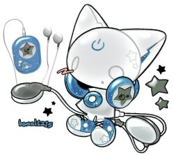 1other animal_ears blue_shoes bomal1215 cat_ears chibi chibi_only chibikemo colored_skin commentary cyber_fashion digital_media_player dress earbuds earbuds_tail earphones english_commentary frutiger_aero furry headphones headphones_around_neck kirarin_revolution na-san o_o object_and_personification original other_focus personification power_symbol shoes simple_background sneakers solo star_(symbol) virtual_pet_(toy) white_background white_dress white_skin
