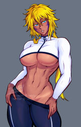 1girl artist_name bleach blonde_hair blue_eyes breasts commentary cowboy_shot crop_top cropped_shirt dark-skinned_female dark_skin grey_background hair_between_eyes highres iahfy large_breasts looking_at_viewer midriff mole mole_on_breast navel no_panties patreon_username simple_background solo tier_harribel twitter_username underboob watermark