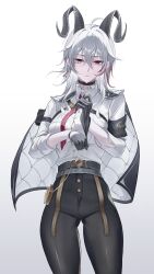 1girl absurdres adjusting_clothes adjusting_gloves arm_pouch armband black_armband black_choker black_gloves black_horns black_jacket black_pants black_pouch button_gap chest_harness choker closed_mouth collared_shirt commentary cowboy_shot curled_horns gloves gluteal_fold gradient_background hair_between_eyes hanapoko harness high-waist_pants highres horns jacket jacket_on_shoulders jewelry key key_necklace long_hair looking_at_viewer multicolored_hair necklace necktie pants red_eyes red_necktie shirt shirt_tucked_in simple_background solo streaked_hair tight_clothes tight_pants white_background white_shirt wuthering_waves zani_(wuthering_waves)