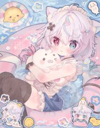 &gt;_&lt; 1girl :3 ahoge animal animal_ear_fluff animal_ears bare_shoulders bird blue_eyes blue_ribbon blue_shorts blush braid brown_thighhighs brown_wrist_cuffs cat_ears cat_girl chibi chibi_inset closed_eyes closed_mouth commentary commission duck feet_out_of_frame frilled_shorts frills hair_ornament hair_ribbon heterochromia highres holding holding_animal indie_virtual_youtuber innertube kamizakana_iriko long_hair looking_at_viewer maid_headdress mikeou_(vtuber) red_eyes red_ribbon ribbon seal_(animal) shirt shorts sitting skeb_commission sleeveless sleeveless_shirt smile swim_ring thighhighs twin_braids virtual_youtuber white_hair white_shirt wrist_cuffs x_hair_ornament