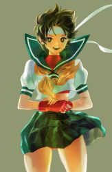 Rule 34 | 1girl, bengus, blue sailor collar, brown eyes, brown hair, capcom, cowboy shot, female focus, fingerless gloves, gloves, headband, kasugano sakura, looking at viewer, md5 mismatch, open mouth, panties, pantyshot, resized, sailor collar, school uniform, serafuku, short hair, skirt, solo, street fighter, street fighter zero, underwear, wind