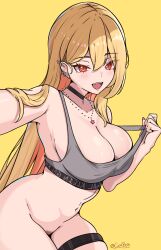1girl absurdres artist_name bare_shoulders black_choker blonde_hair blush bottomless breasts choker cleavage collarbone commentary coubalty cowboy_shot ear_piercing english_commentary female_pubic_hair fingernails grey_sports_bra hair_between_eyes highres jewelry large_breasts long_fingernails long_hair looking_at_viewer navel necklace open_mouth original piercing pubic_hair red_eyes simple_background smile solo sports_bra star_(symbol) star_necklace stomach strap_lift teeth thigh_strap upper_teeth_only variant_set very_long_hair yellow_background