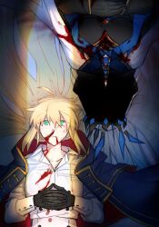 2girls aesc_(fate) aqua_eyes black_gloves blonde_hair blood blood_on_clothes blood_on_face covered_face crown dual_persona fate/grand_order fate_(series) gloves hair_between_eyes highres long_hair looking_at_viewer morgan_le_fay_(fate) morgan_le_fay_(queen_of_winter)_(fate) multiple_girls ponytail veil very_long_hair white_hair xs0z05wxzb52697