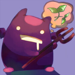 commentary_request creature demon deviruchi holding holding_pitchfork looking_at_viewer no_humans open_mouth pitchfork purple_background ragnarok_online simple_background sora-mame speech_bubble thought_bubble